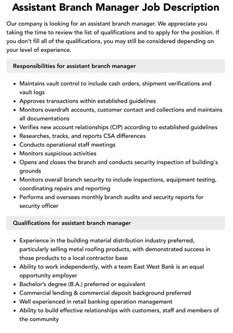 Branch Assistant Job Details .